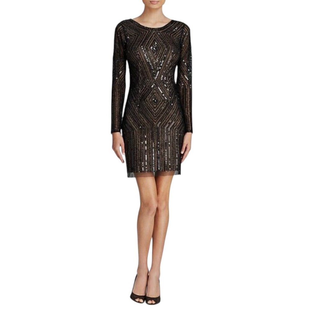 Adrianna Papell Black Beaded Long Sleeve Mesh Mini Dress - 4P